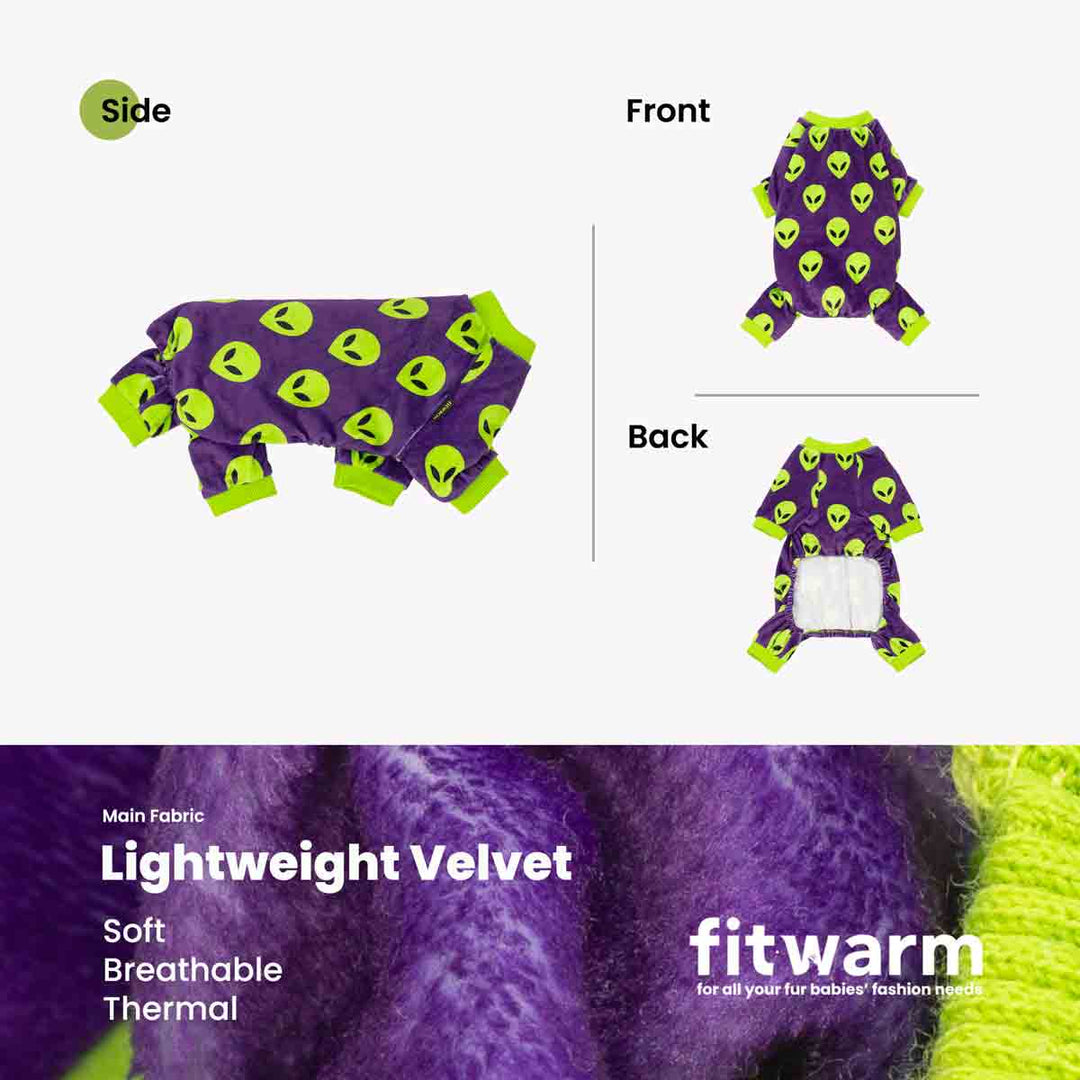 Product infographic for a dog onesie showing front, back, and side views on a light gray background, with a purple and neon green alien-print design