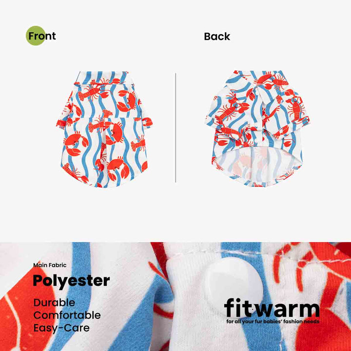 Hawaiian dog tshirt with lobster and crab pattern on front and back, featuring 'fitwarm' brand