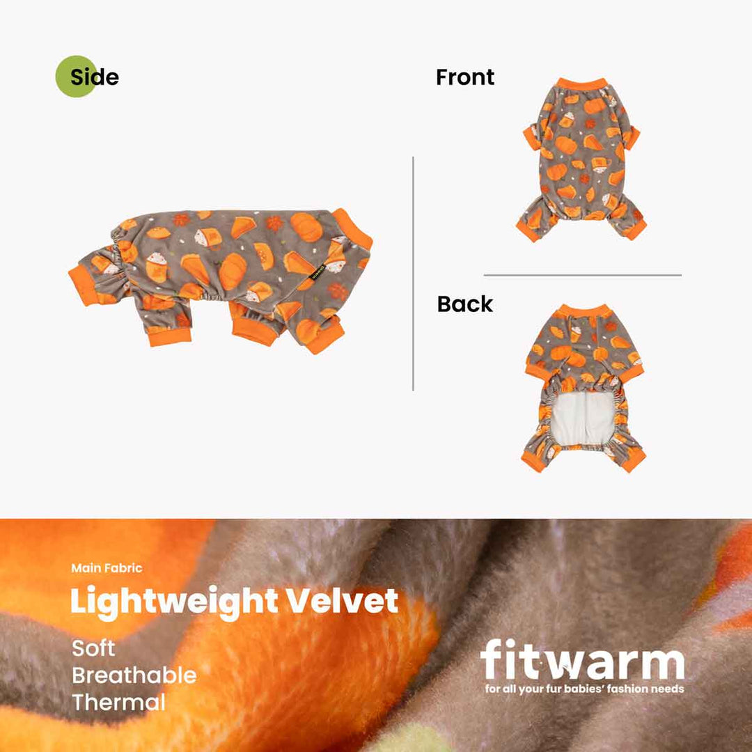 Gray-brown dog pajamas with autumn pumpkin print, orange trim. Shows side, front, and back views of the cozy onesie.