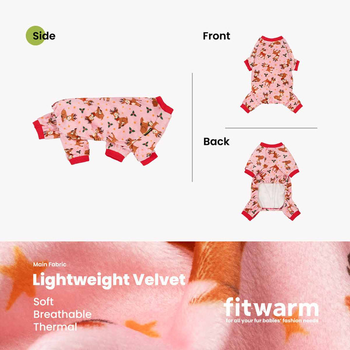 Cute Reindeer Dog Christmas Pajamas in light pink velvet with reindeer and holly print. Side, front, and back views shown.