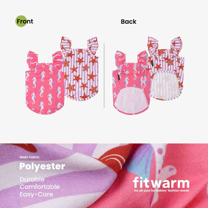 Pink and red patterned 2 pack dog shirts with starfish design, shown from front and back on a white background, Fitwarm brand visible