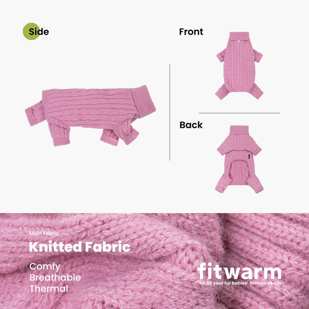 Cozy dog sweater show in side, front, and back view with knitted fabric description