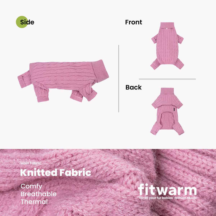 Cozy dog sweater show in side, front, and back view with knitted fabric description