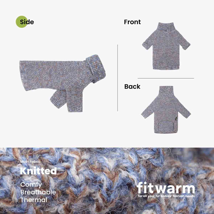 Product information graphic for a dog knitted sweater. The top half shows the sweater from side, front, and back on a light gray background, while the bottom half is a close-up of the marled knit fabric texture