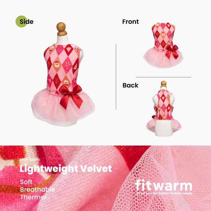 Sweet dog Christmas dress shown on a mannequin from side, front, and back views, with a pink and red argyle pattern, red bow, and light pink tulle skirt