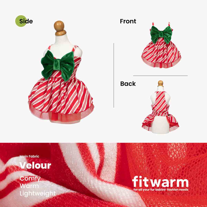 Holiday dress for dogs displayed on a mannequin, with front and back views shown alongside a side view