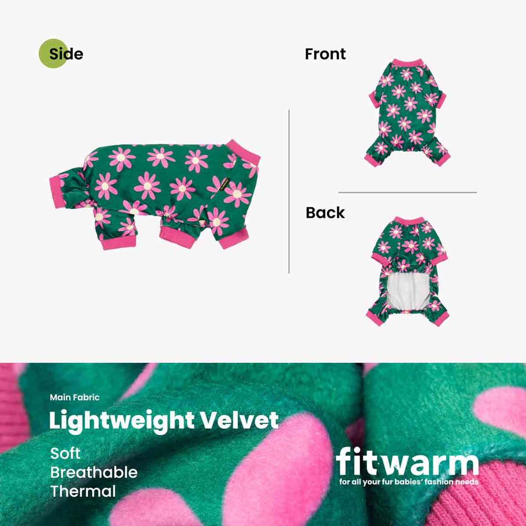 Green floral dog pajamas, lightweight velvet, soft, breathable and comfortable for small dogs by Fitwarm