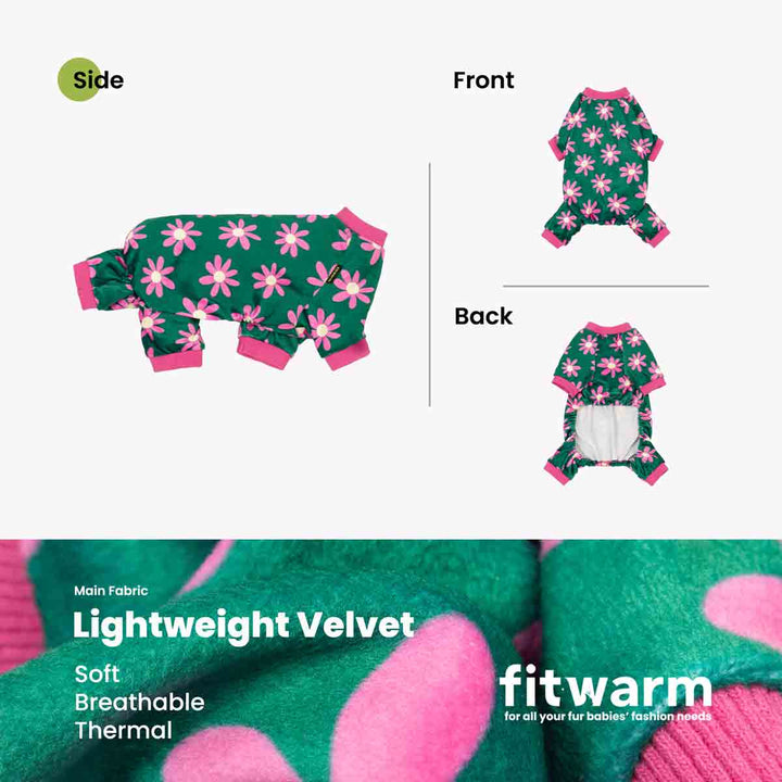 Green floral dog pajamas, lightweight velvet, soft, breathable and comfortable for small dogs by Fitwarm