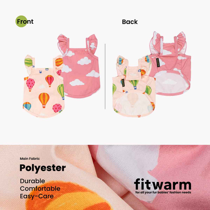 Ruffle dog shirts with front and back views, showing colorful design and 'fitwarm' branding