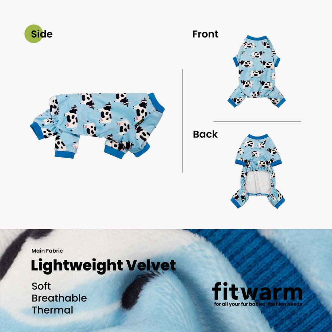 Blue dog pajamas with cow print shown in front back and side views with lightweight velvet fabric