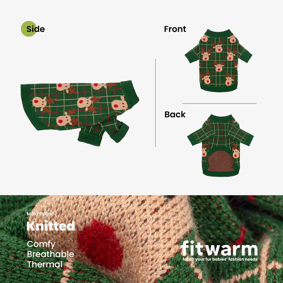 Product presentation of a small dog knitted sweater, showing side, front, and back views on a light gray background, with a close-up texture shot at the bottom