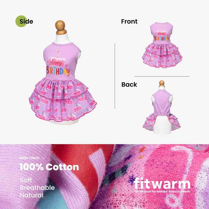 Pink birthday dress for dogs on a mannequin with side, front, and back views, labeled 'fitwarm'
