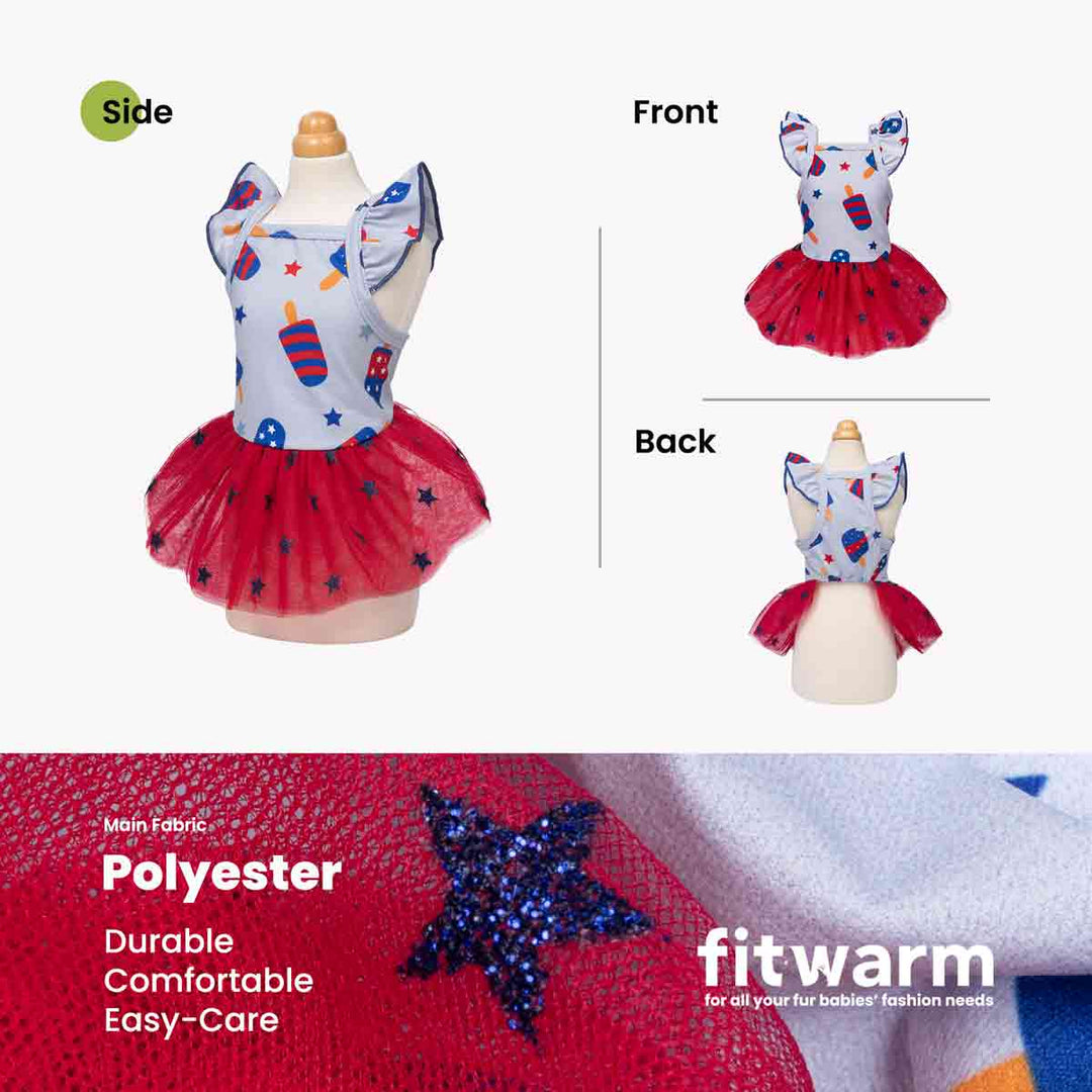 4th of July dog outfit with red skirt and white top featuring colorful designs on a mannequin, with 'fitwarm' branding.