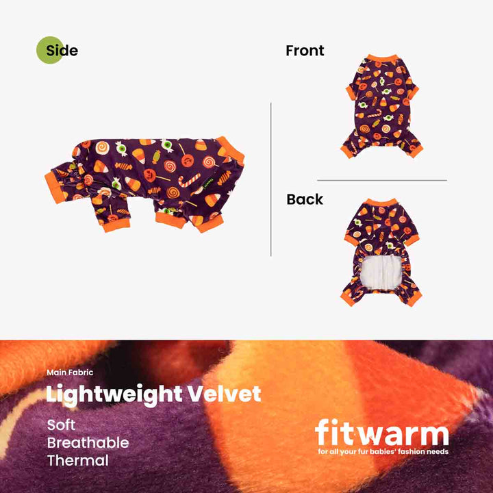 Soft, stretchy purple velvet dog pajamas with Halloween candy prints.