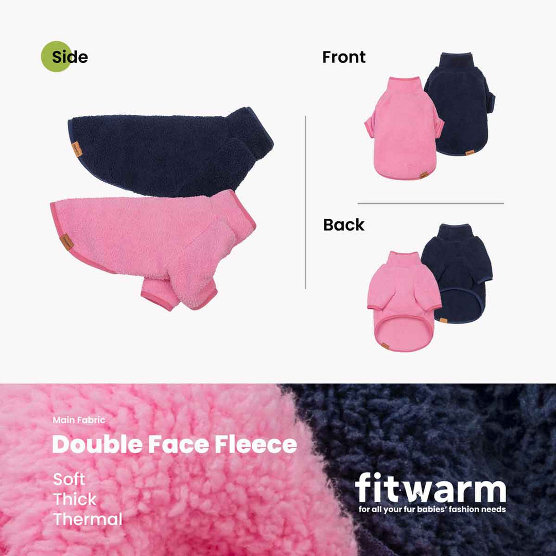 Product information graphic for dog double-face fleece sweaters. The top section shows the different views of one pink and one navy