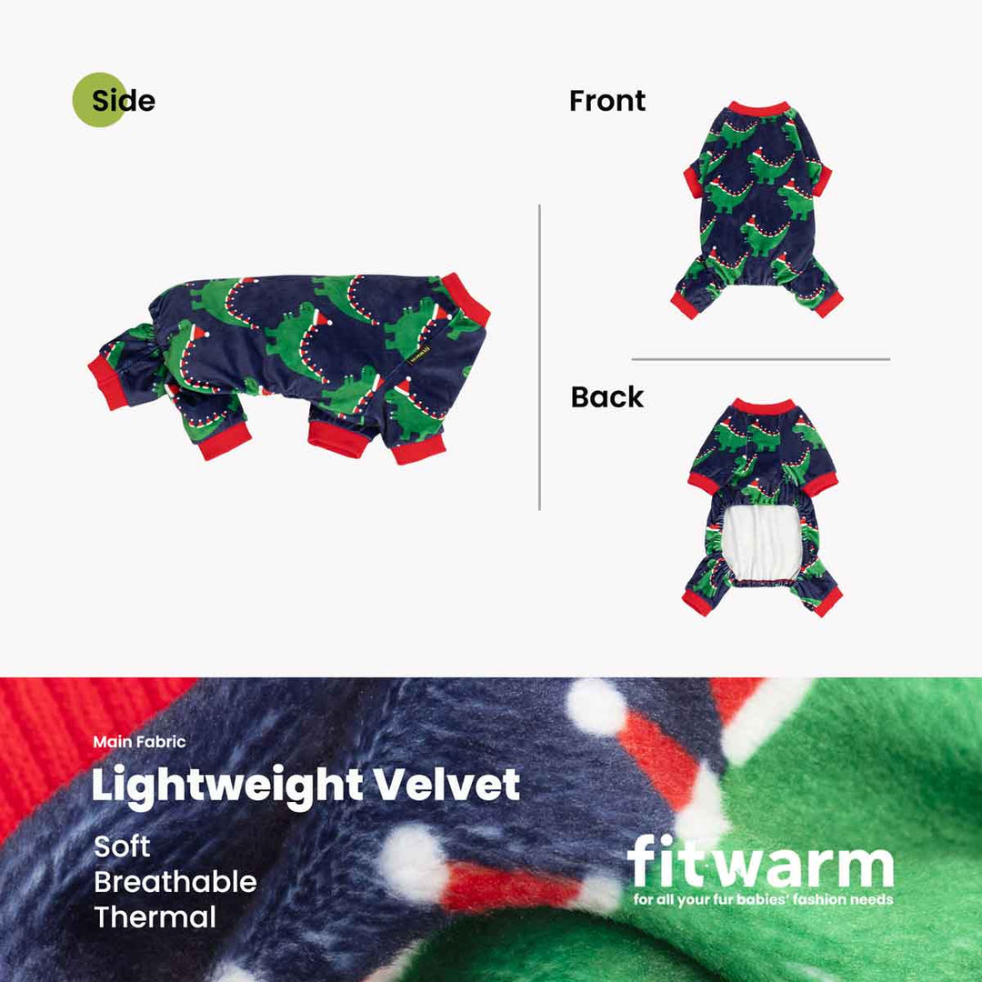 Christmas fleece dog onesie set shown on a white background with front and back views, plus a side view and a fabric close-up