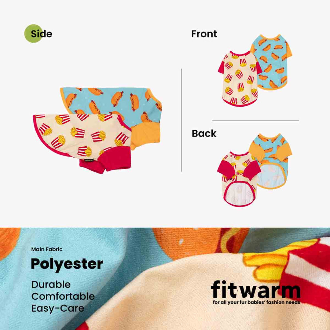 2 Pack dog shirts: hot dog & french fries prints, color block design, polyester