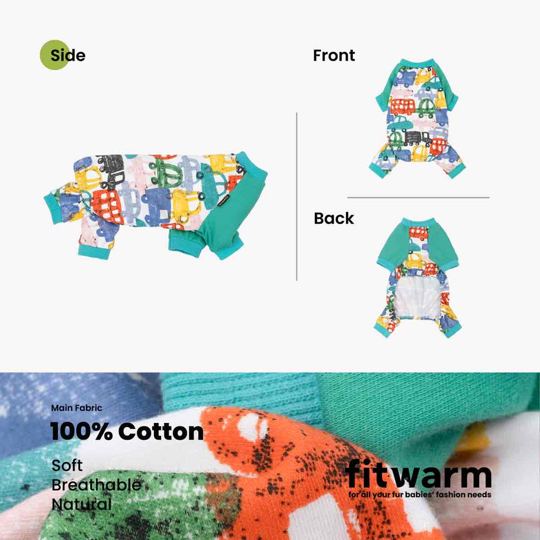 Colorful pajamas for dogs with car patterns on side, front, and back, featuring 'fitwarm' brand