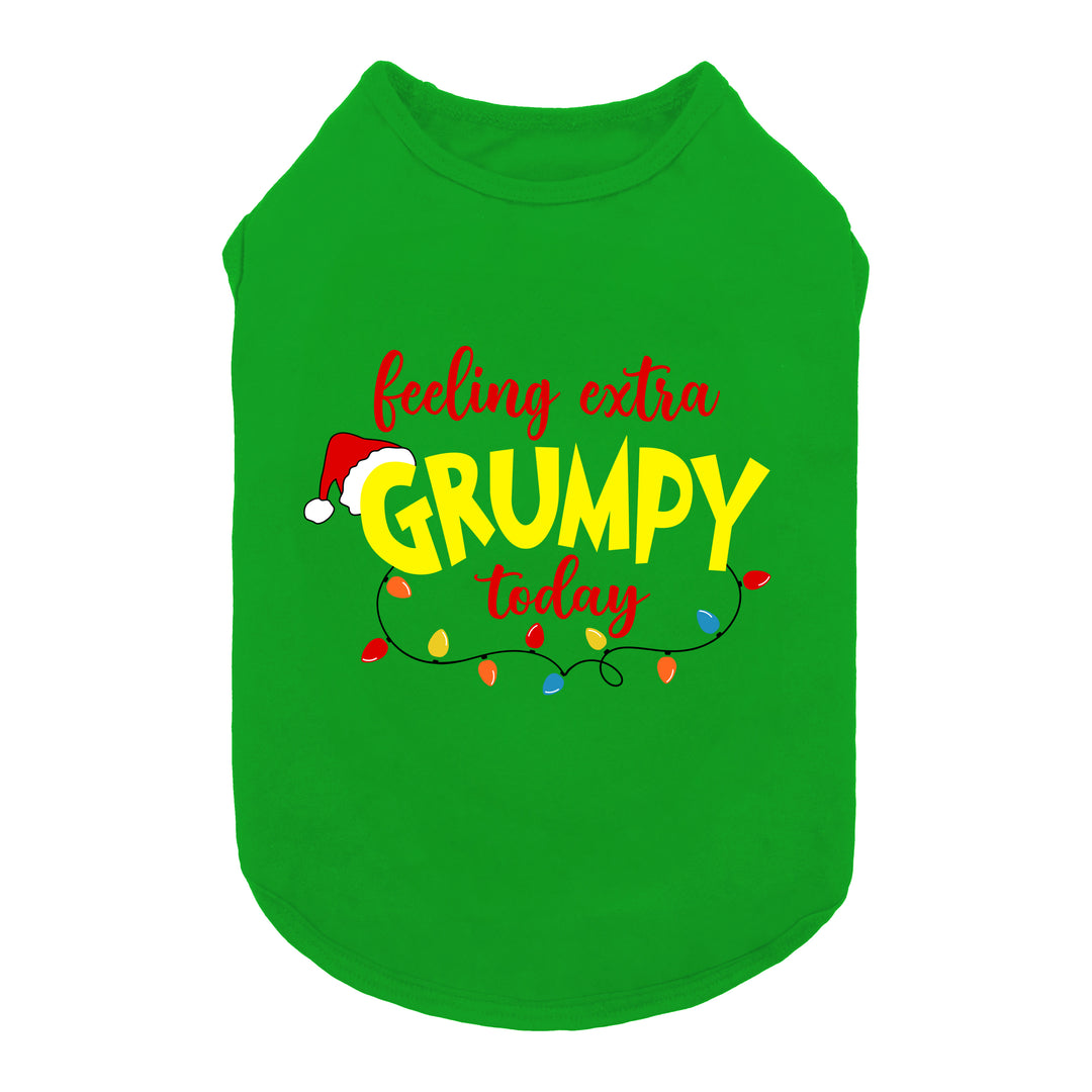 Green Christmas dog shirt with 'Feeling Extra Grumpy Today' text, Santa hat, and colorful holiday lights.