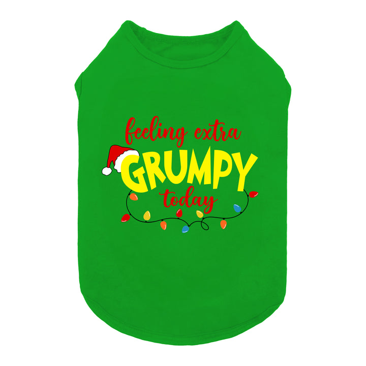 Green Christmas dog shirt with 'Feeling Extra Grumpy Today' text, Santa hat, and colorful holiday lights.