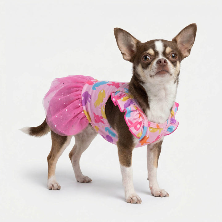 Easter bunny dress for dogs styled on small dog with pink tulle details