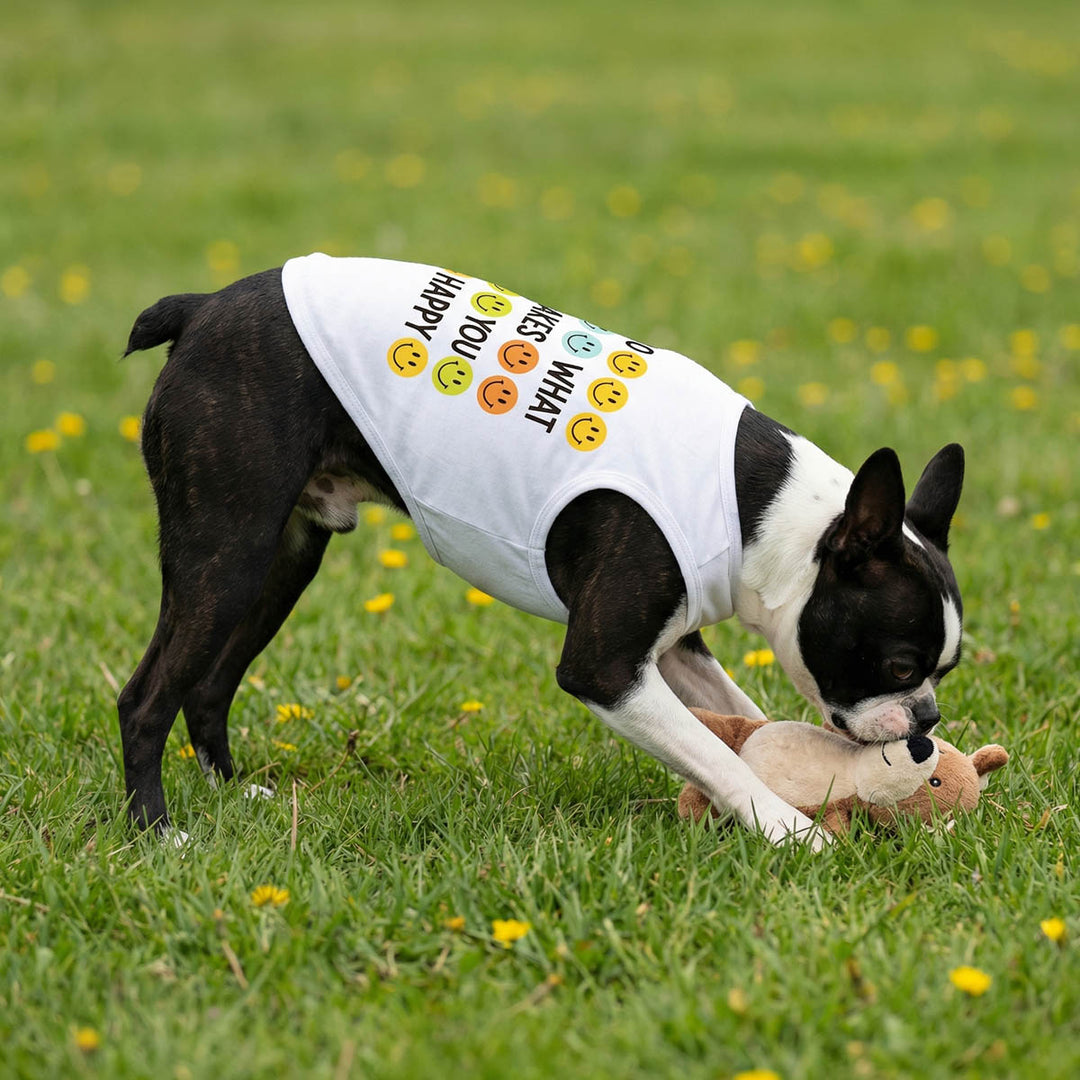 Dog wearing a white dog tshirt with colorful text and smiley faces, playing with a toy in a grassy field