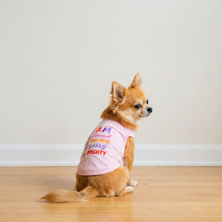 Small dog sitting on the floor with a pink shirt with colorful text.