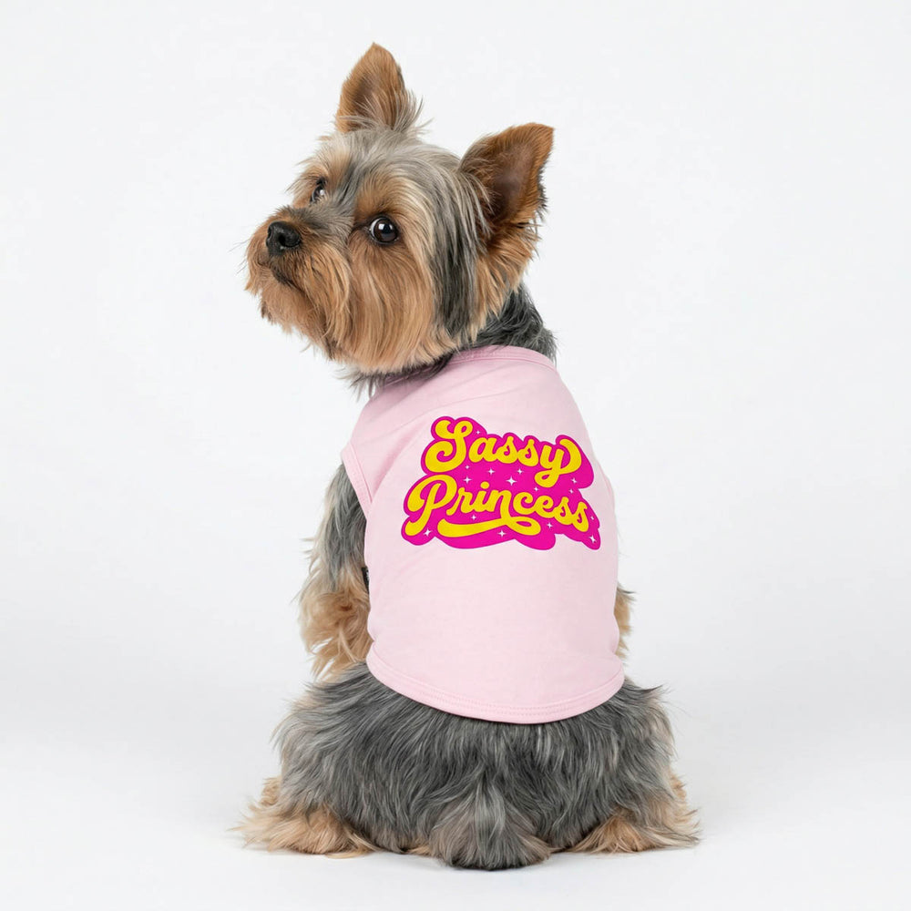 Small dog wearing a pink dog shirt with 'Sassy Princess' lettering on a white background