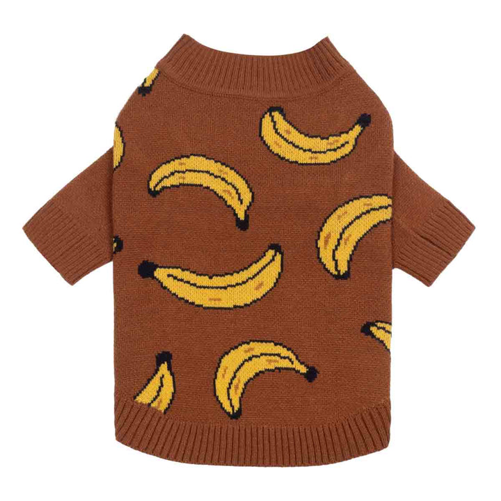 Brown dog sweater with yellow banana pattern shown from the front.