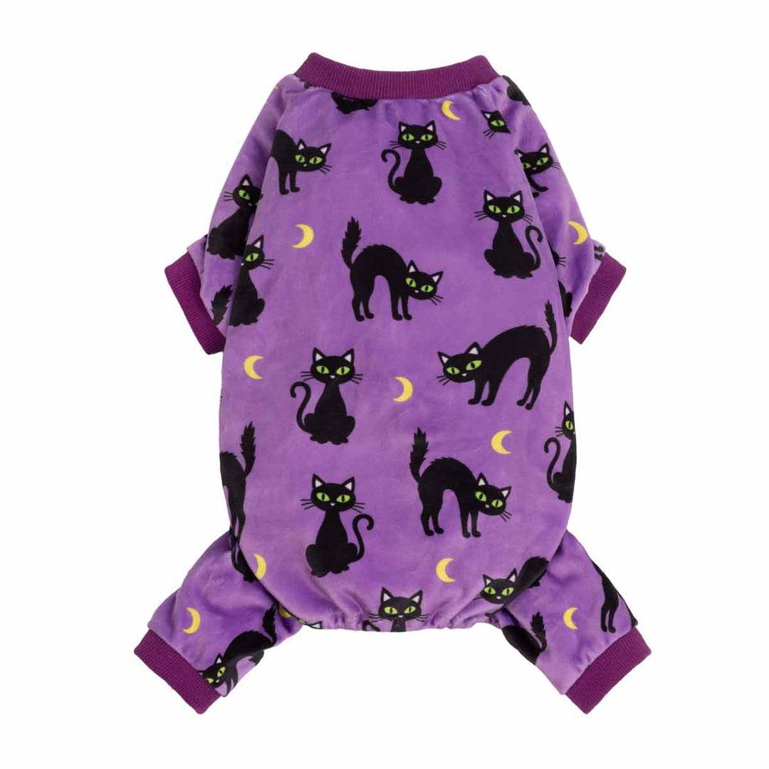 Purple Halloween dog onesie with a black cat and yellow crescent moon pattern, shown flat against a white background