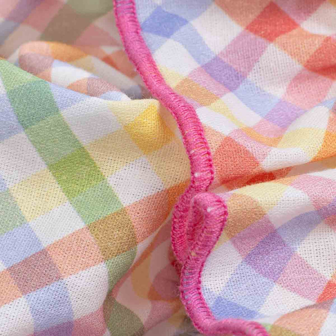 Close-up of colorful checkered fabric and pink ruffle on a dog dress.