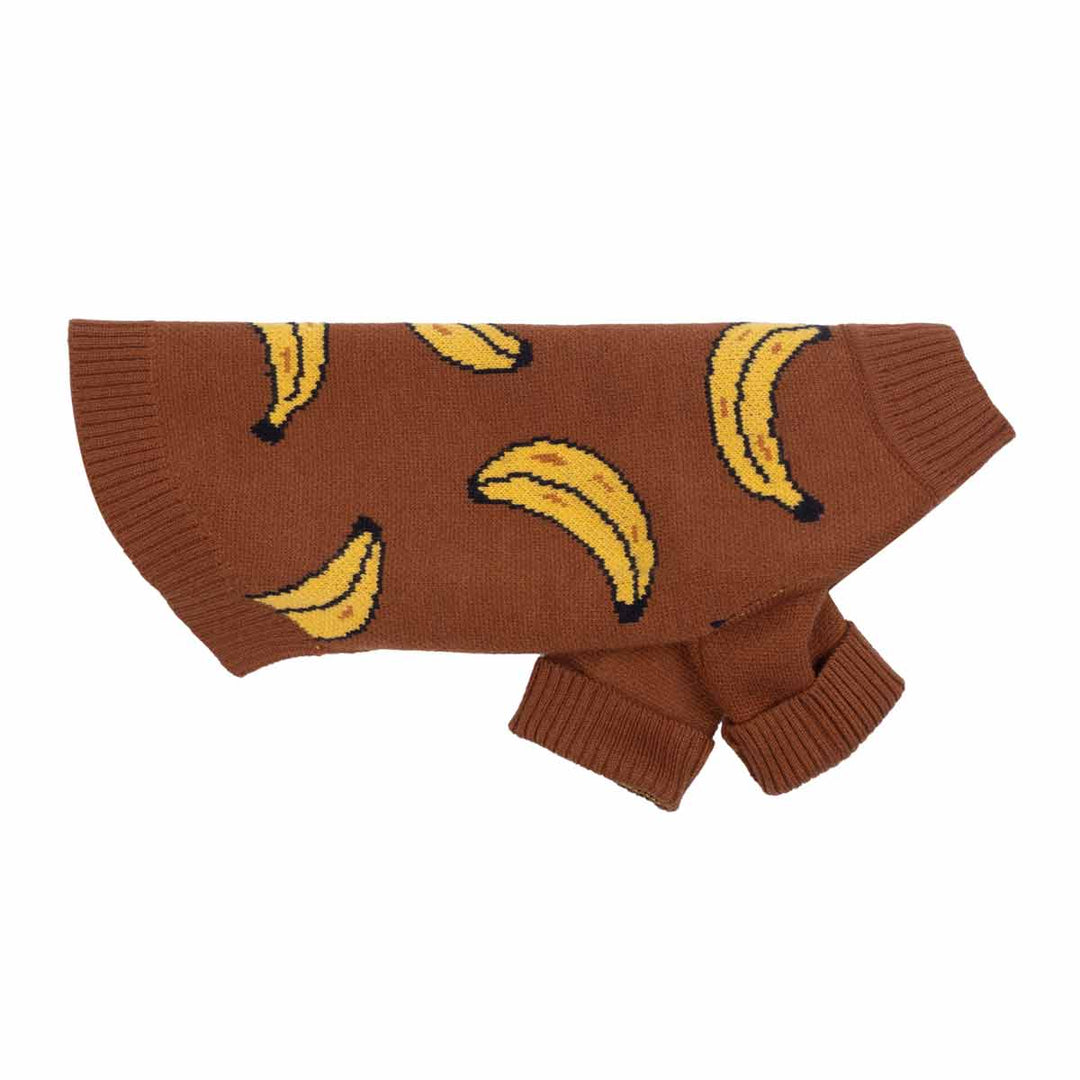 Brown dog sweater with yellow banana pattern displayed in a side view.
