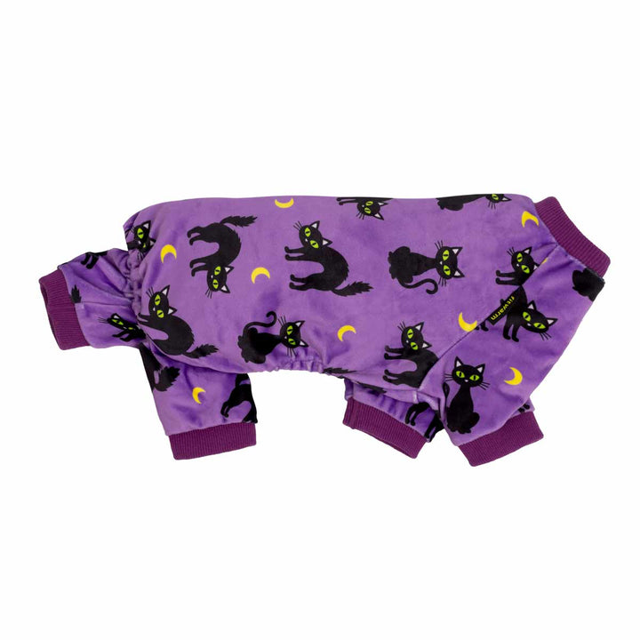 Halloween pajama for dogs with a black cat and yellow crescent moon pattern, featuring long sleeves and legs with ribbed cuffs