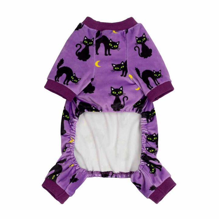 Purple dog onesie with a black cat and yellow crescent moon print, featuring a white fleece lining, shown on a plain white background
