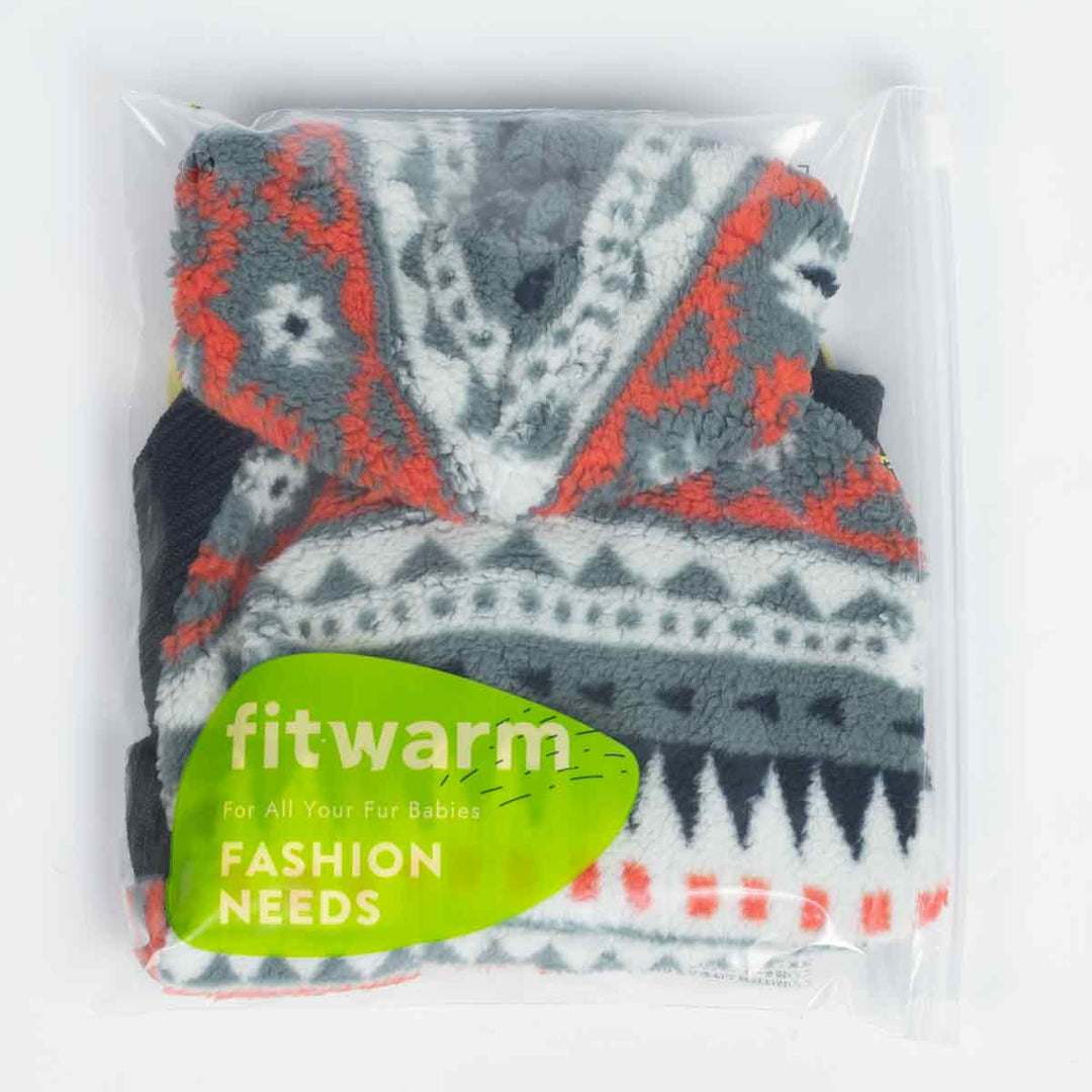 Dog hoodie in packaging, featuring a tribal design and warm fleece material.