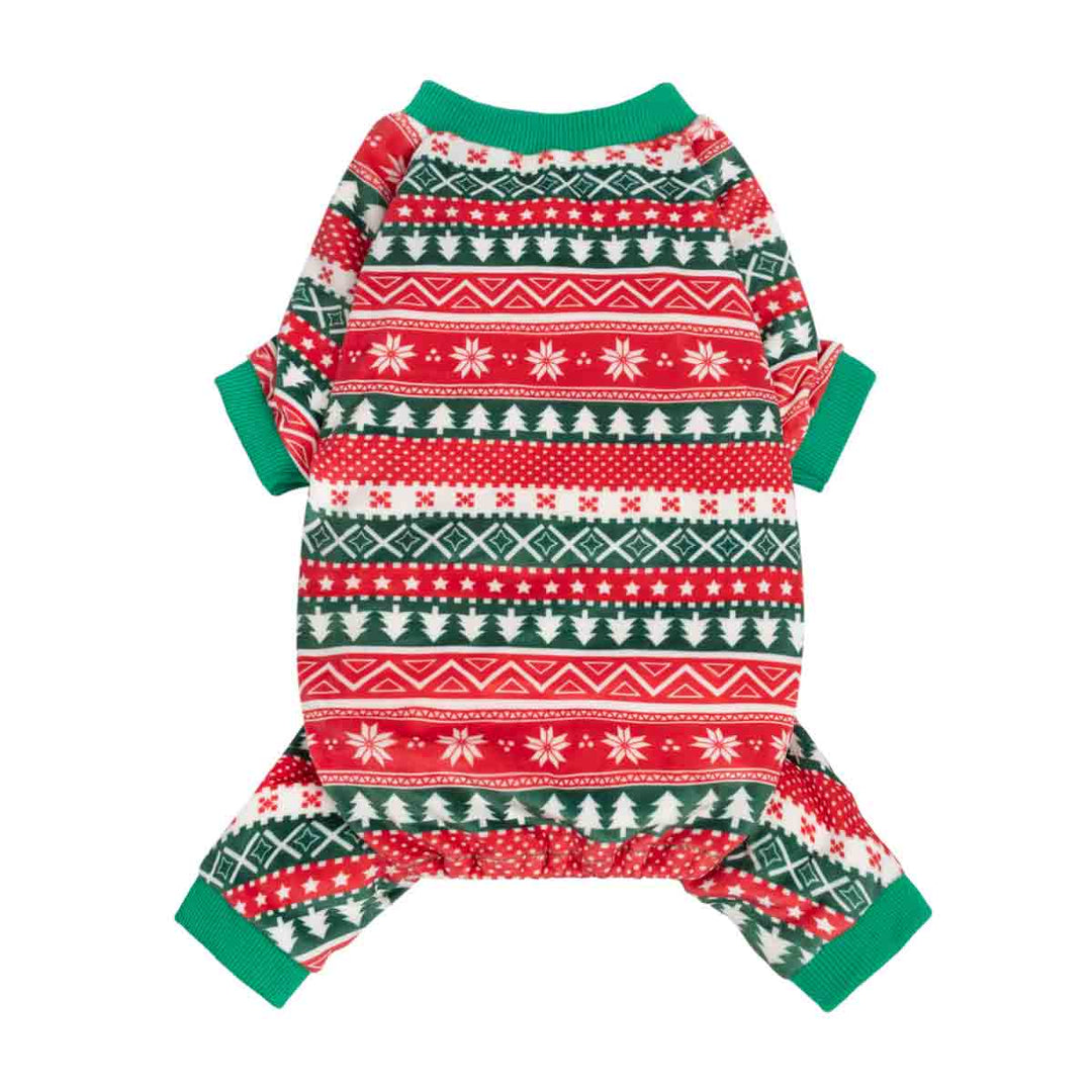 Christmas Striped Dog Pajamas in red and green velvet with festive patterns