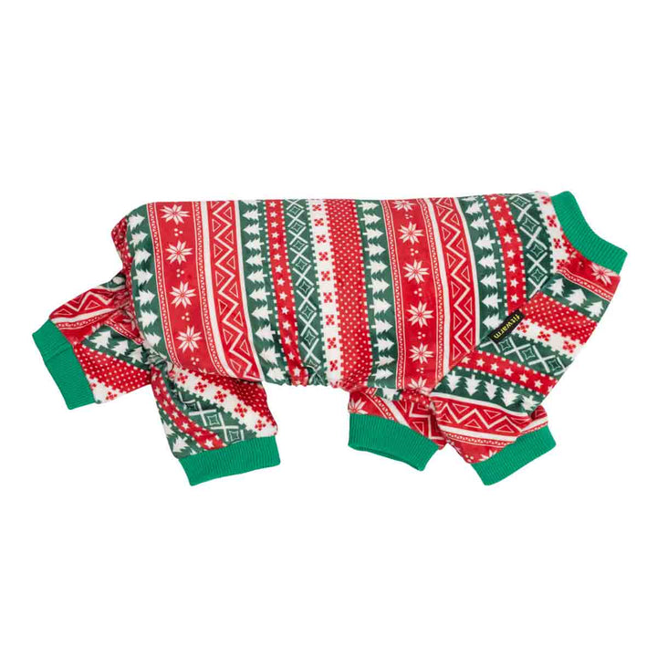 Fitwarm Christmas dog pajamas in red and green velvet with festive patterns. Perfect for Christmas parties.