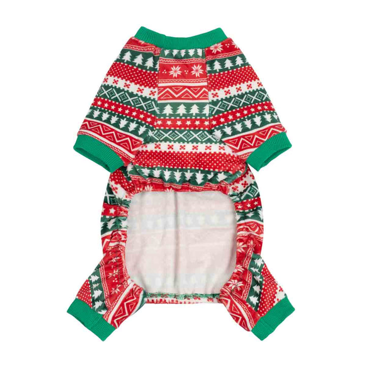 Fitwarm Christmas dog pajamas in red and green velvet with festive patterns for dogs.