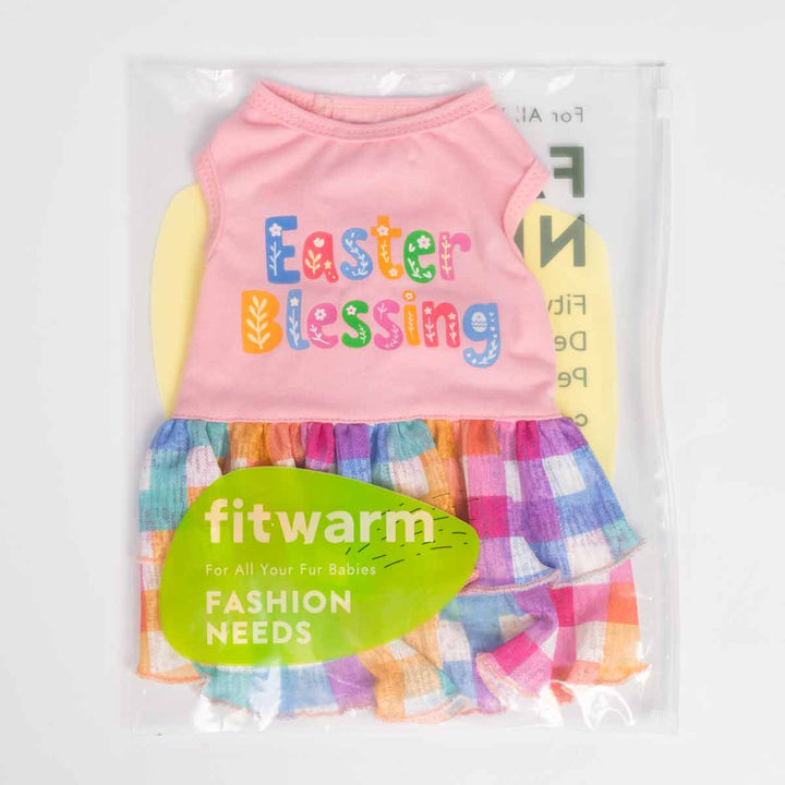 Pink dog dress with colorful 'Easter Blessing' lettering and plaid skirt, branded 'fitwarm'.