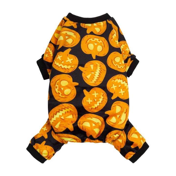 Halloween Pumpkin Pajamas for Dogs and Cats - Black velvet onesie with orange jack-o'-lantern print.