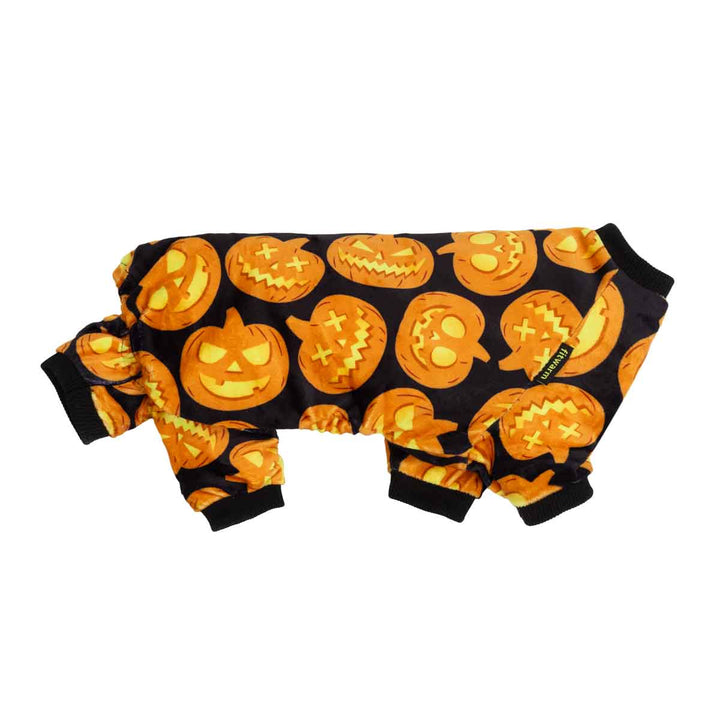 Halloween pumpkin pajamas for dogs and cats. Black velvet onesie with pumpkin print and cozy fit.