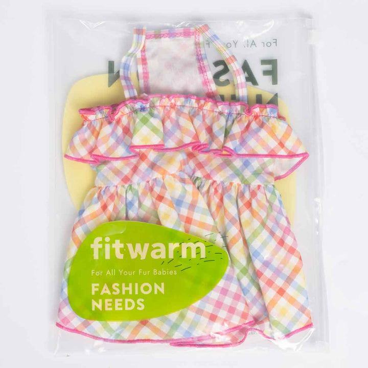 Packaged dog dress with colorful checkered pattern and 'fitwarm' branding.