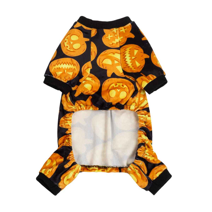 Halloween Pumpkin Pajamas for Dogs and Cats. Black velvet onesie with pumpkin print for Halloween.
