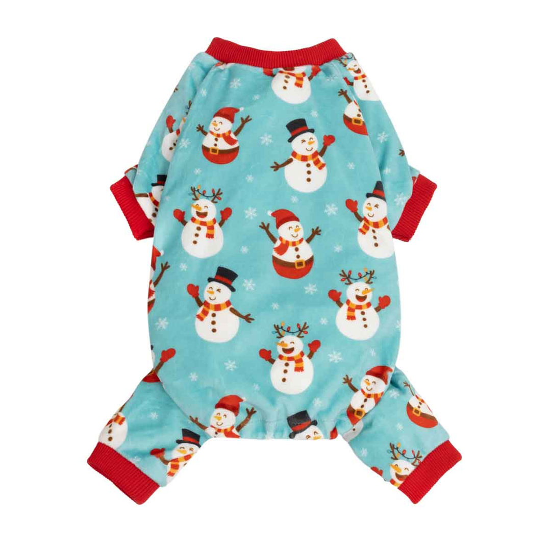 Teal dog Christmas pajamas with cheerful snowman print and red trim