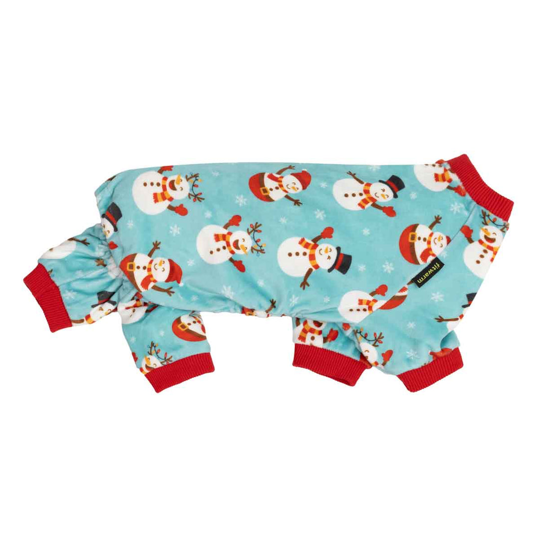 Cheerful snowman dog Christmas pajamas, teal fabric with red ribbed cuffs.