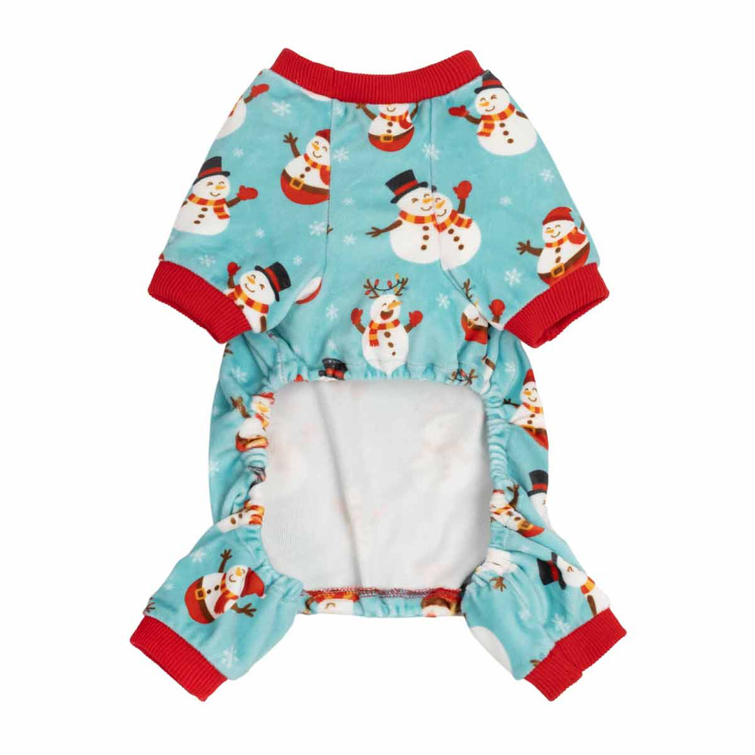 Cheerful snowman dog Christmas pajamas in teal with red ribbed trim