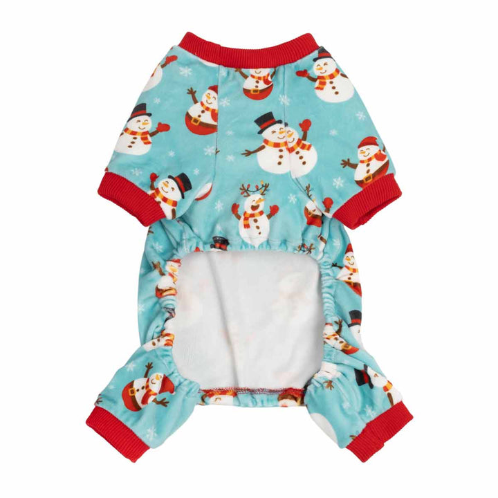 Cheerful snowman dog Christmas pajamas in teal with red ribbed trim