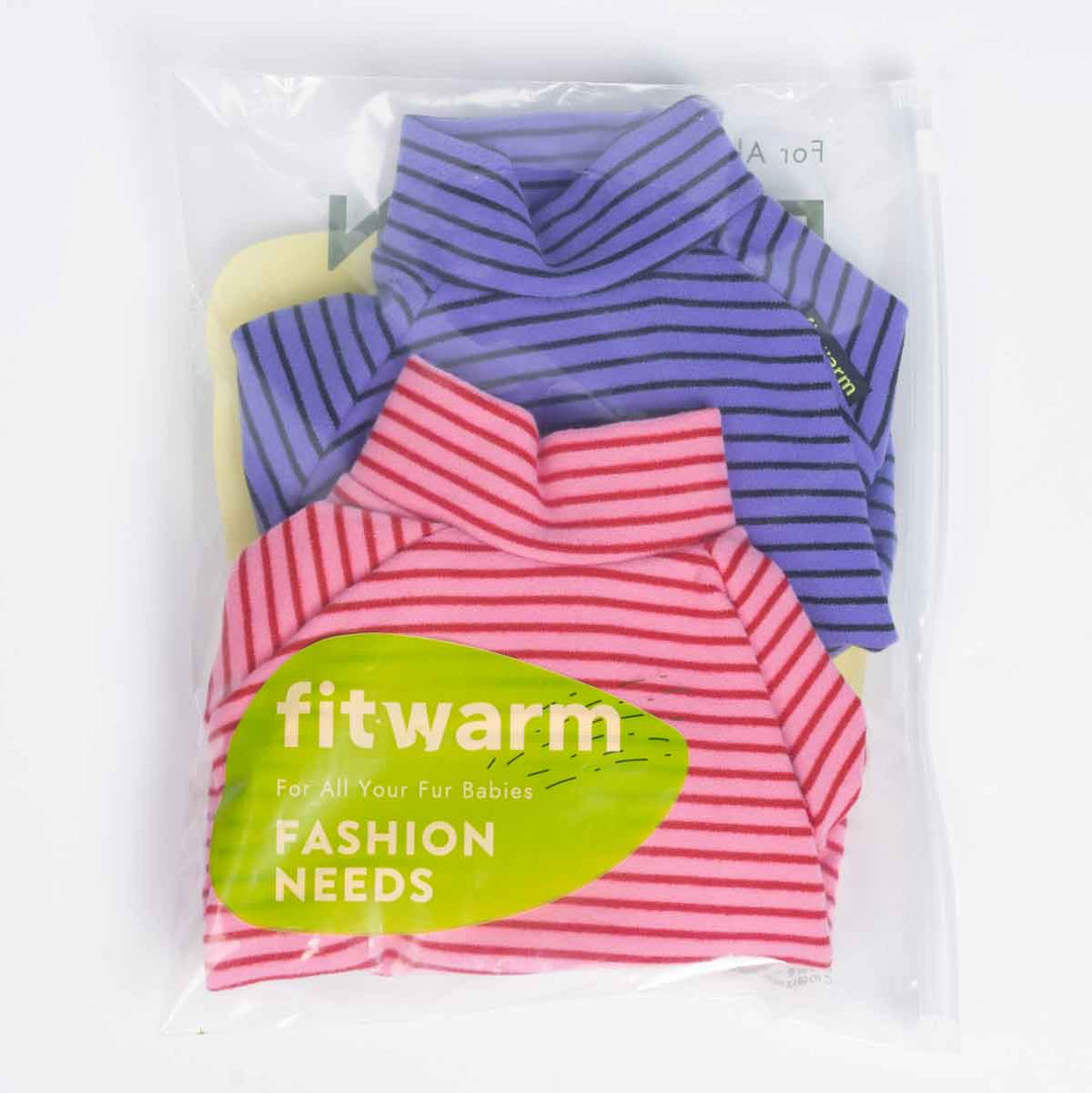 Packaged striped dog pajamas set in pink and purple colors inside transparent bag