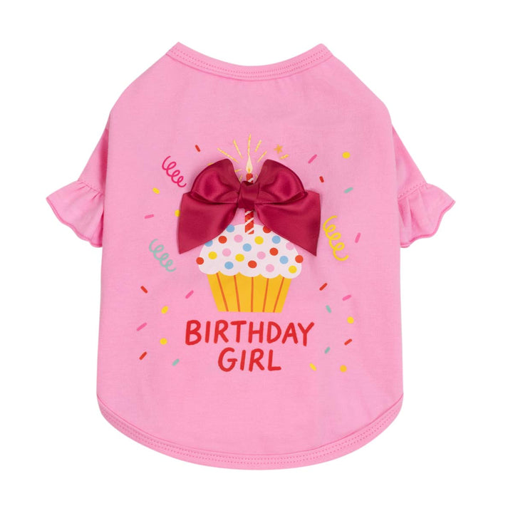 Birthday dog shirt with cupcake, candle, bow and 'birthday girl' lettering