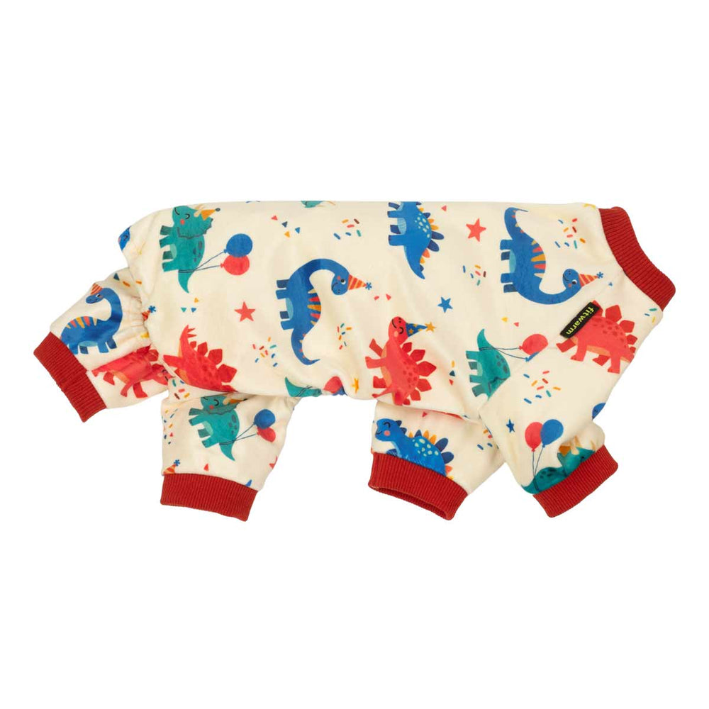 Birthday pajamas for dogs with dinosaur in party hat and balloons pattern on a white background